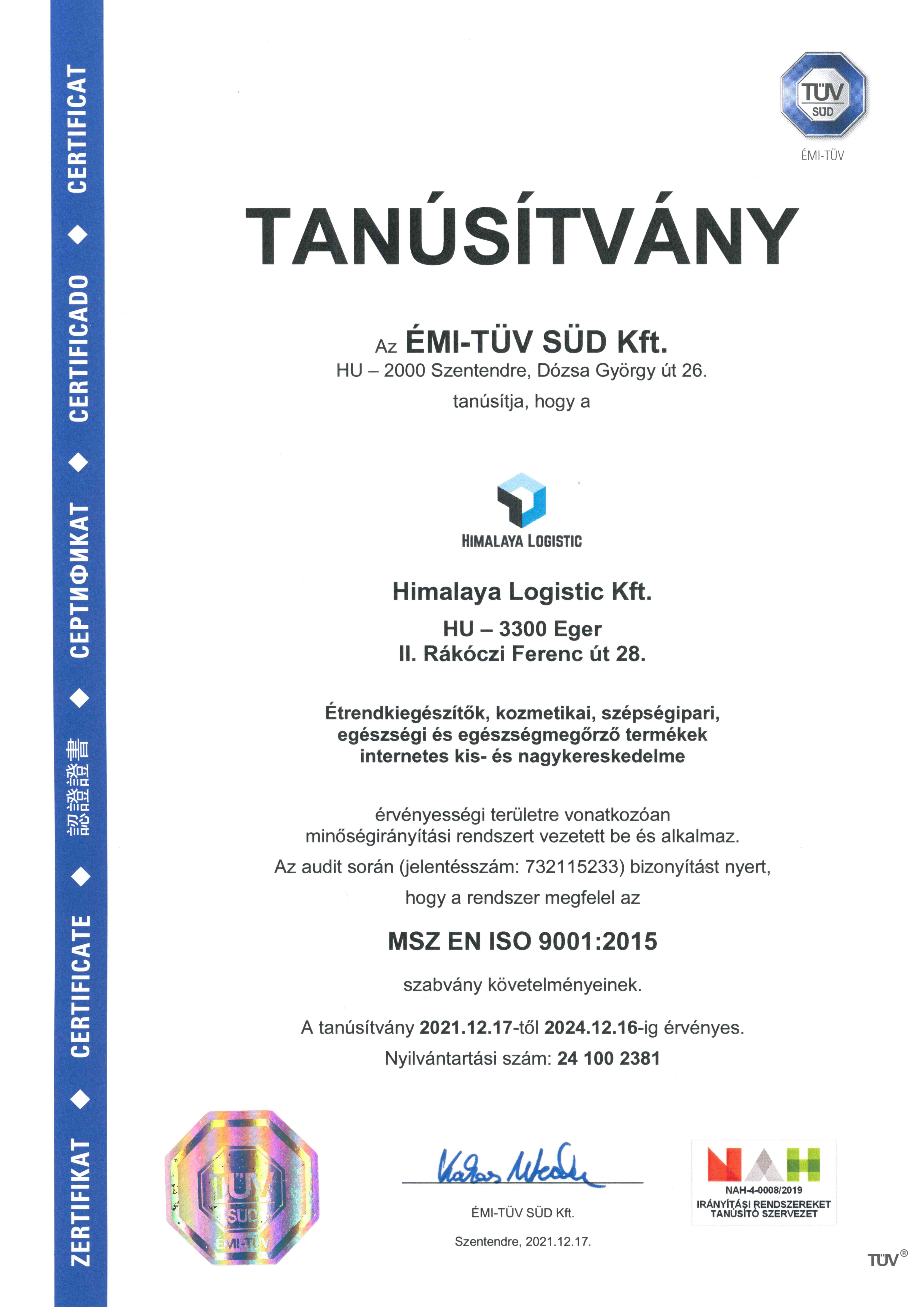 ISO 9001 A VIL G LEGN PSZER BB MIN S GIR NY T SI SZABV NYA